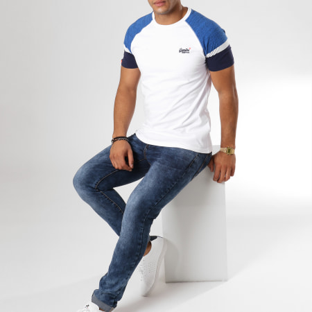 Superdry - Tee Shirt Engd Baseball Blanc Bleu Marine Chiné
