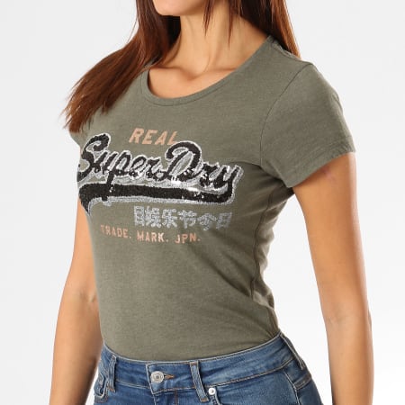 Superdry - Tee Shirt Femme Vintage Logo Star Sequin Vert Kaki