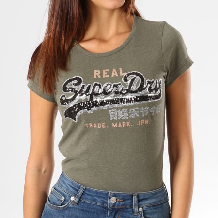 Superdry - Tee Shirt Femme Vintage Logo Star Sequin Vert Kaki