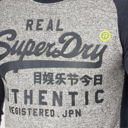 Superdry - Tee Shirt Manches Longues Vintage Logo PNL Gris Chiné Bleu Marine