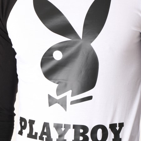 Playboy - Tee Shirt Manches Longues Raglan Logo Blanc Noir