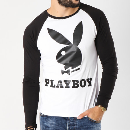 Playboy - Tee Shirt Manches Longues Raglan Logo Blanc Noir