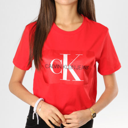 Calvin Klein - Tee Shirt Femme Monogram Box Logo Rouge