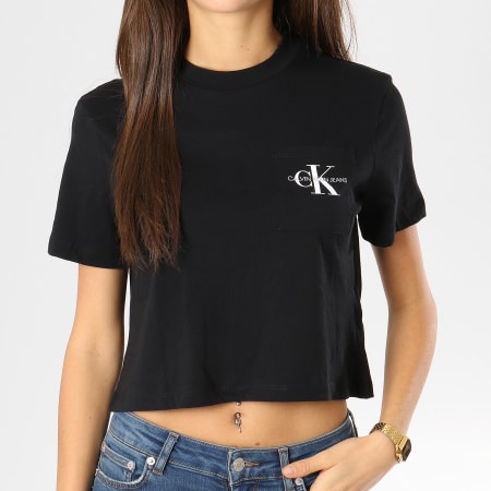 Calvin Klein - Tee Shirt Crop Femme Avec Poche Monogram Noir