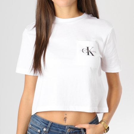 Calvin Klein - Tee Shirt Crop Femme Avec Poche Monogram Blanc