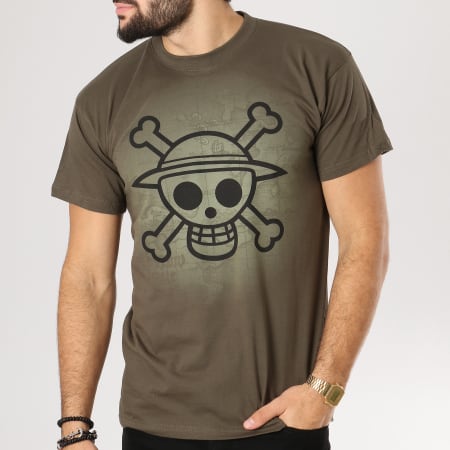One Piece - Tee Shirt Skull With Map Used Vert Kaki