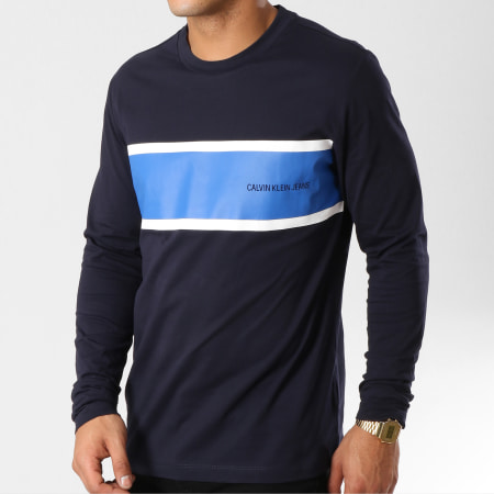 Calvin Klein - Tee Shirt Manches Longues Institutional In Stripe 0403 Bleu Marine
