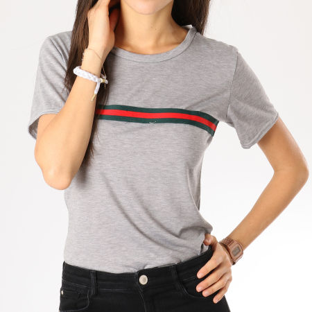 Girls Outfit - Tee Shirt Femme Bandes Brodées 0152 Gris Chiné Vert Rouge
