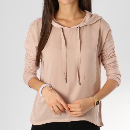 Only - Tee Shirt Manches Longues Capuche Femme Ashley Rose Beige