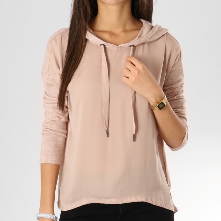 Only - Tee Shirt Manches Longues Capuche Femme Ashley Rose Beige