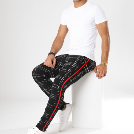 Black Needle - Pantalon Carreaux Avec Bandes F2510 Noir Blanc Rouge
