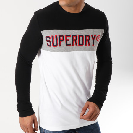Superdry - Tee Shirt Manches Longues Applique Colour Block Blanc Noir Gris Chiné