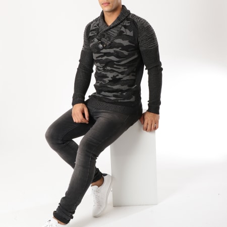 John H - Pull Avec Col Amplified 30 Noir Gris Anthracite Camouflage