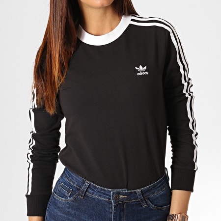 Adidas Originals - Tee Shirt Manches Longues Femme 3 Stripes DV2608 Noir Blanc