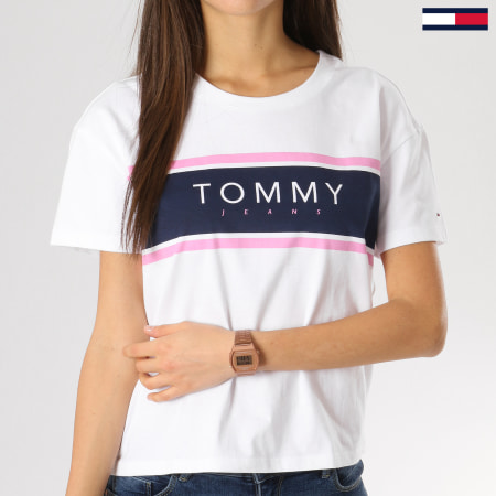 Tommy Hilfiger - Tee Shirt Femme Crop Stripe Logo 5708 Blanc