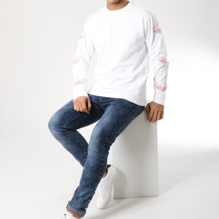 Adidas Originals - Tee Shirt Manches Longues Trefoil DV3151 Blanc Orange