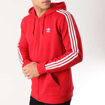 Adidas Originals - Sweat Zippé Capuche 3 Stripes DV1635 Rouge Blanc