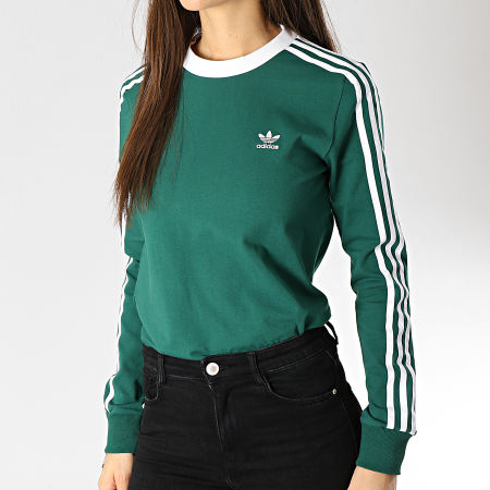 Adidas Originals - Tee Shirt Manches Longues Femme 3 Stripes DV2601 Vert Blanc
