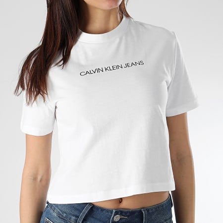 Calvin Klein - Tee Shirt Crop Femme Shrunken Institution 0497 Blanc