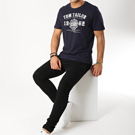 Tom Tailor - Tee Shirt Logo Bleu Marine Blanc