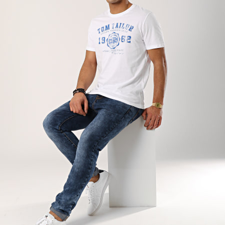 Tom Tailor - Tee Shirt Logo Blanc Bleu Ciel