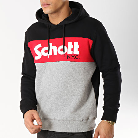 Schott NYC - Sweat Capuche Logo Hood Noir Gris Chiné Rouge