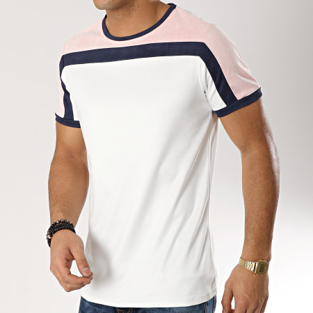 Terance Kole - Tee Shirt Suédine 98213 Blanc Bleu Marine Rose