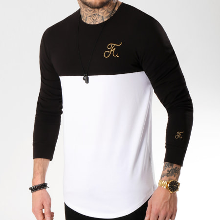 Final Club - Tee Shirt Manches Longues Oversize Gold Label Bicolore Avec Broderie Or 159 Blanc Noir