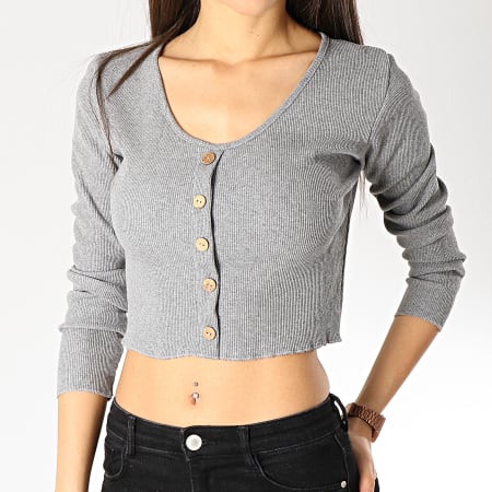 Girls Outfit - Tee Shirt Manches Longues Crop Femme 9006 Gris Chiné