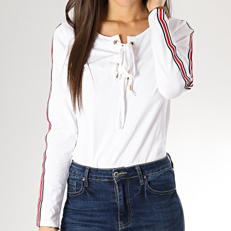 Girls Outfit - Tee Shirt Manches Longues Oversize Avec Bandes Femme S106 Blanc