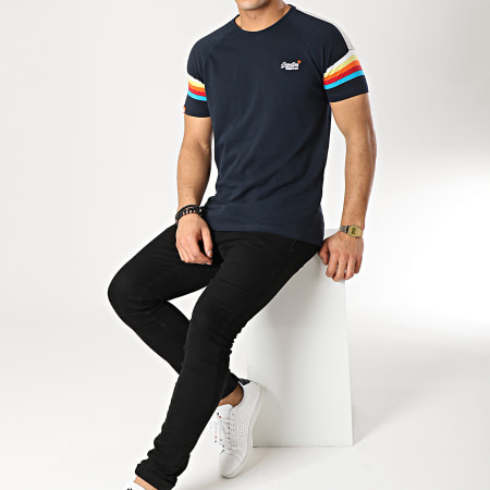 Superdry - Tee Shirt Orange Label Engineered Stripe Bleu Marine