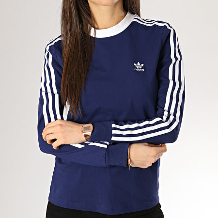 Adidas Originals - Tee Shirt Manches Longues Femme 3 Stripes DV2603 Bleu Marine Blanc