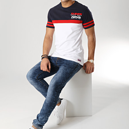 Superdry - Tee Shirt A Bandes Applique Nu Lad Bleu Marine Rouge Blanc