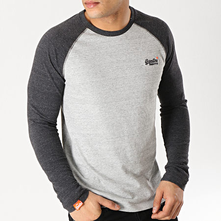 Superdry - Tee Shirt Manches Longues Orange Label Baseball Gris Chiné Gris Anthracite
