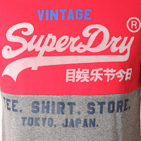 Superdry - Tee Shirt Shop Tri Panel Rouge Gris Chiné