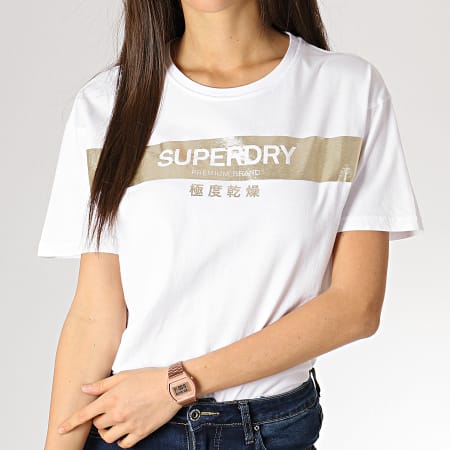 Superdry - Tee Shirt Femme Premium Bande Foil G10149YT Blanc Doré