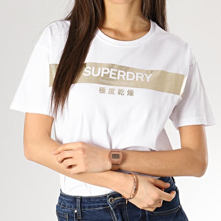 Superdry - Tee Shirt Femme Premium Bande Foil G10149YT Blanc Doré