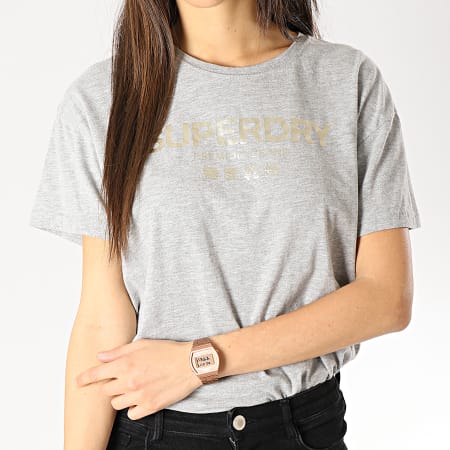 Superdry - Tee Shirt Femme Premium Bande Luxe G10661YT Gris Chiné Doré