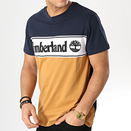 Timberland - Tee Shirt Logo Linear A1OA4 Camel Bleu Marine Blanc
