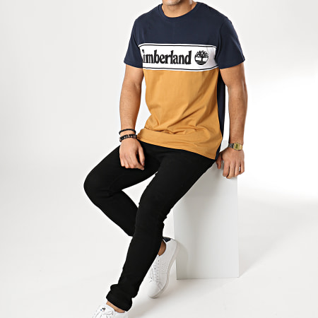 Timberland - Tee Shirt Logo Linear A1OA4 Camel Bleu Marine Blanc