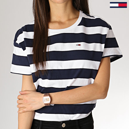 Tommy Hilfiger - Tee Shirt Crop Femme Stripe Boxy 6260 Bleu Marine Blanc 