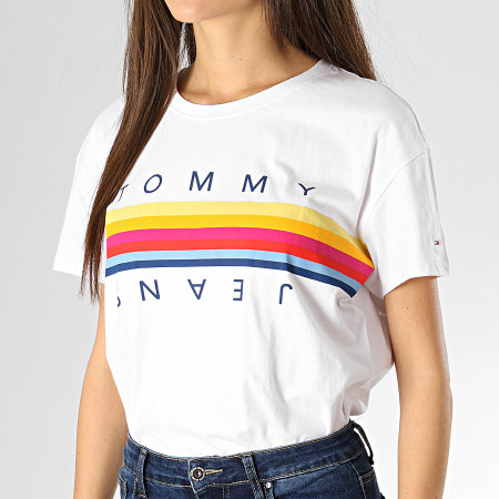Tommy Hilfiger - Tee Shirt Crop Femme Multicolor Line Logo 6501 Blanc
