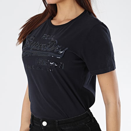 Superdry - Tee Shirt Femme Vintage Tonal Logo Sequins G10158YT Bleu Marine