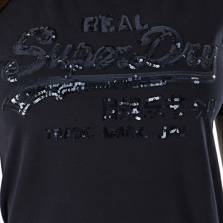 Superdry - Tee Shirt Femme Vintage Tonal Logo Sequins G10158YT Bleu Marine
