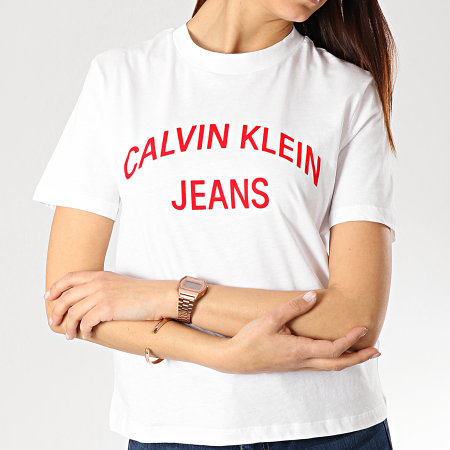 Calvin Klein - Tee Shirt Femme Institutional Logo 0743 Blanc Rouge