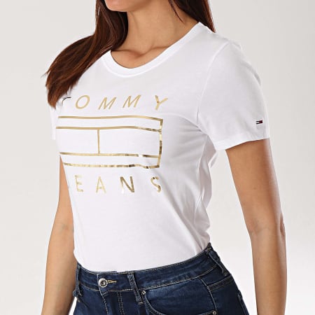Tommy Hilfiger - Tee Shirt Femme Metallic Logo 6233 Blanc Doré