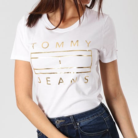 Tommy Hilfiger - Tee Shirt Femme Metallic Logo 6233 Blanc Doré