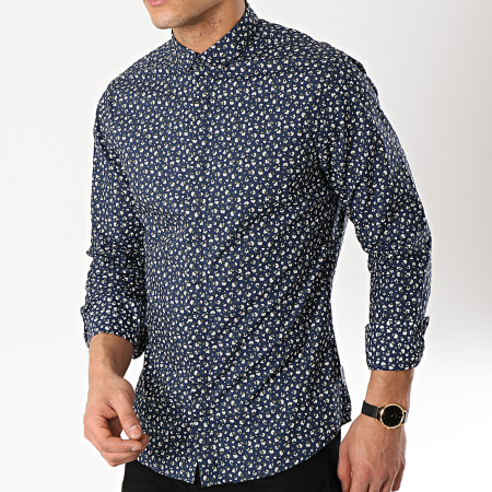 Only And Sons - Chemise Manches Longues Floral Todd Bleu Marine