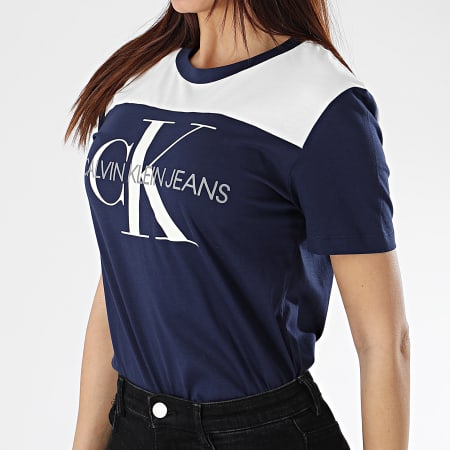 Calvin Klein - Tee Shirt Femme Monogram Soft Blocking 0775 Bleu Marine Blanc