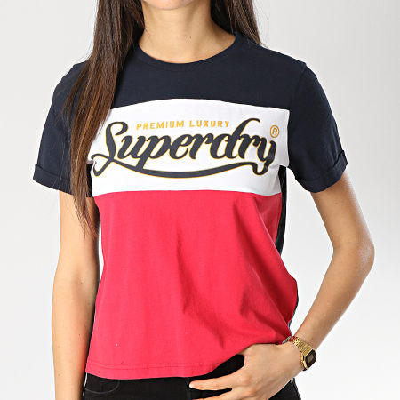 Superdry - Tee Shirt Femme Premium Color Block G10133TT Bleu Marine Rouge